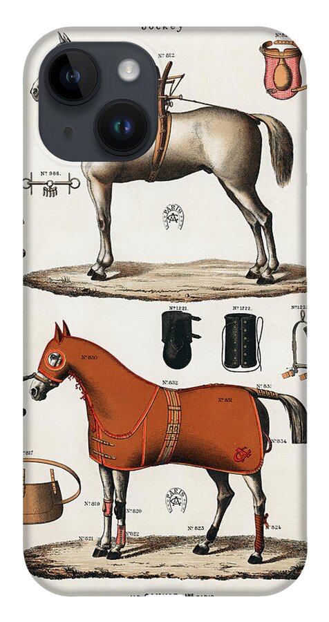 Accessory iPhone 14 Case featuring the drawing Horses with antique horseback riding equipments by Vincent Monozlay