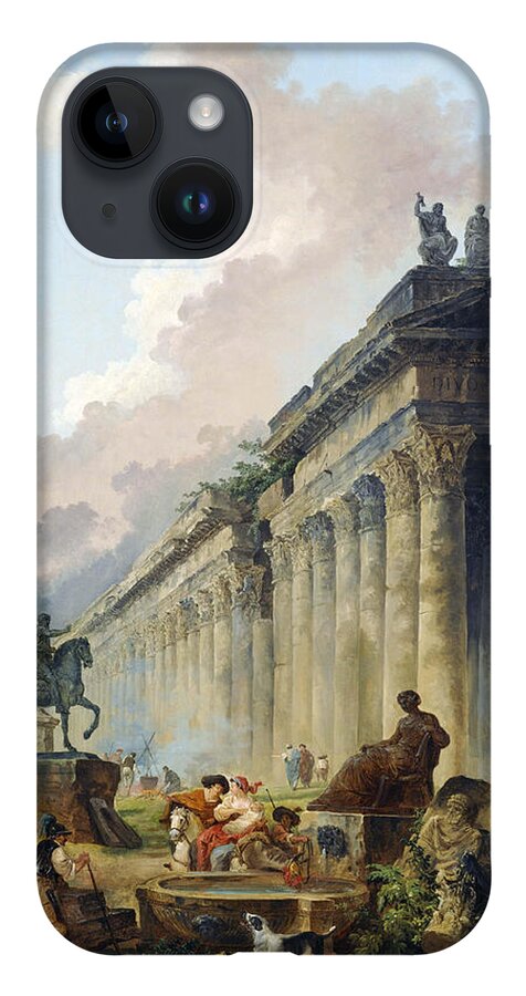 Hubert Robert iPhone Case featuring the painting Imaginary View of Rome with Equestrian Statue of Marcus Aurelius, the Column of Trajan and a Temple by Hubert Robert