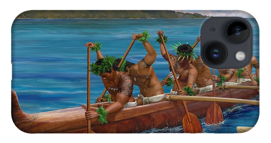 Hawaii iPhone 14 Case featuring the painting Kane Hawaiian Canoe Paddlers by Stephen Jorgensen