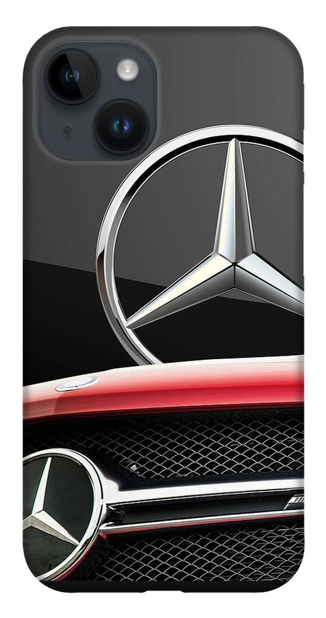 'auto Badges' By Serge Averbukh iPhone Case featuring the photograph Red Mercedes - Front Grill Ornament and 3 D Badge on Black by Serge Averbukh