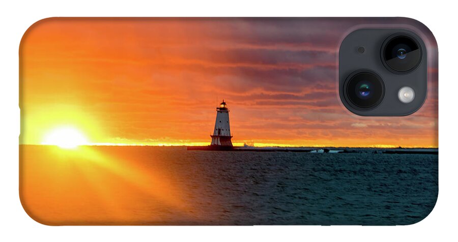 Ludington Mi iPhone 14 Case featuring the photograph Sunset and Lighthouse by Lester Plank