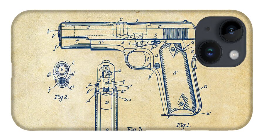 Colt 45 iPhone 14 Case featuring the digital art 1911 Colt 45 Browning Firearm Patent Artwork Vintage by Nikki Marie Smith
