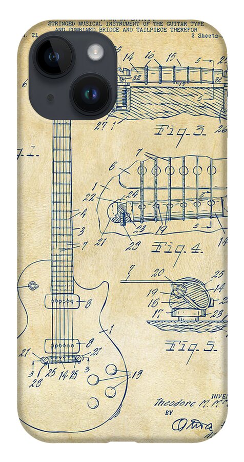 Guitar iPhone 14 Case featuring the drawing 1955 McCarty Gibson Les Paul Guitar Patent Artwork Vintage by Nikki Marie Smith
