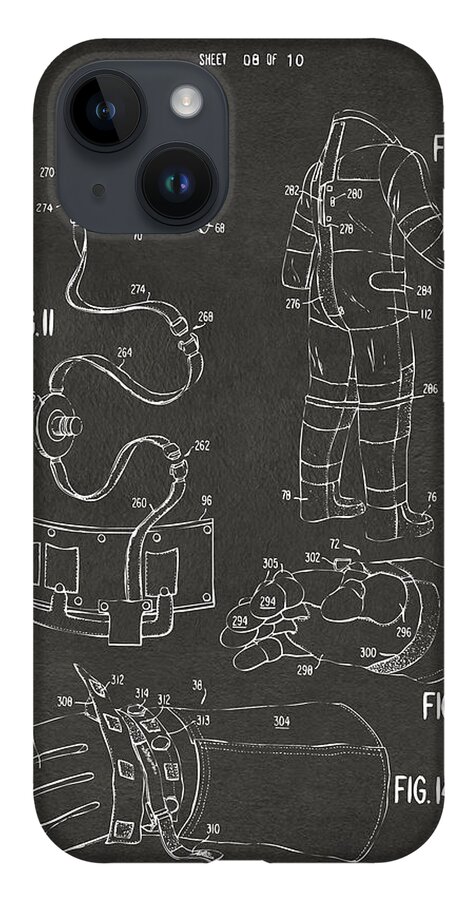Space Suit iPhone 14 Case featuring the digital art 1973 Space Suit Elements Patent Artwork - Gray by Nikki Marie Smith