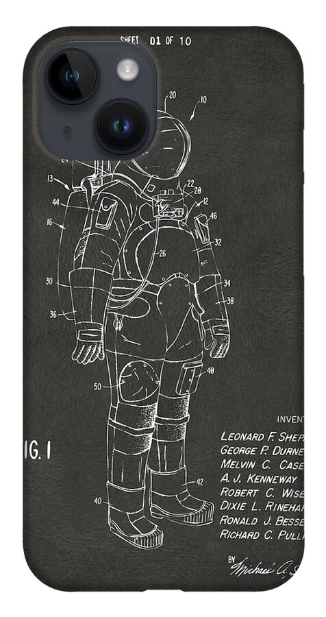 Space Suit iPhone 14 Case featuring the digital art 1973 Space Suit Patent Inventors Artwork - Gray by Nikki Marie Smith