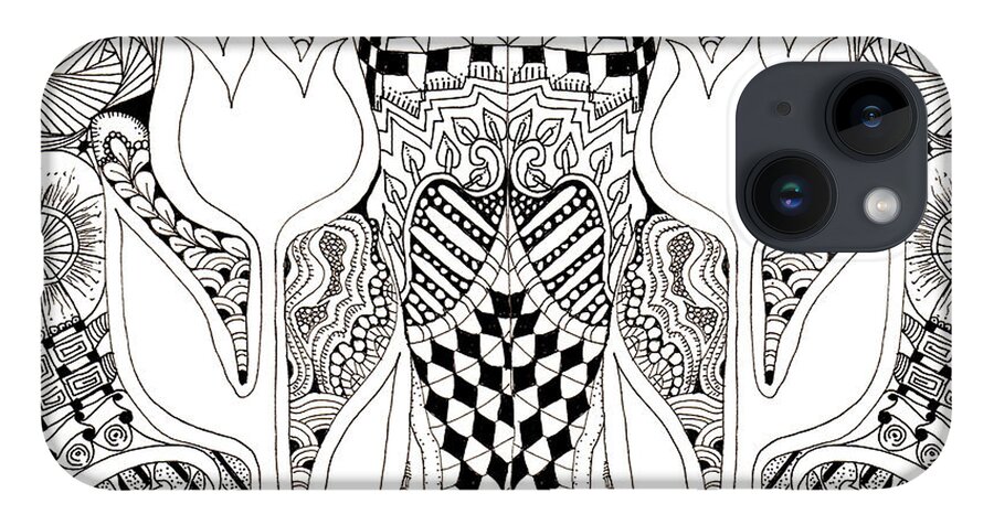 Tulips Flowers Pen And Ink Drawing Zentangles Doodles Fabric Design iPhone 14 Case featuring the tapestry - textile 2 Tulips by Ruth Dailey