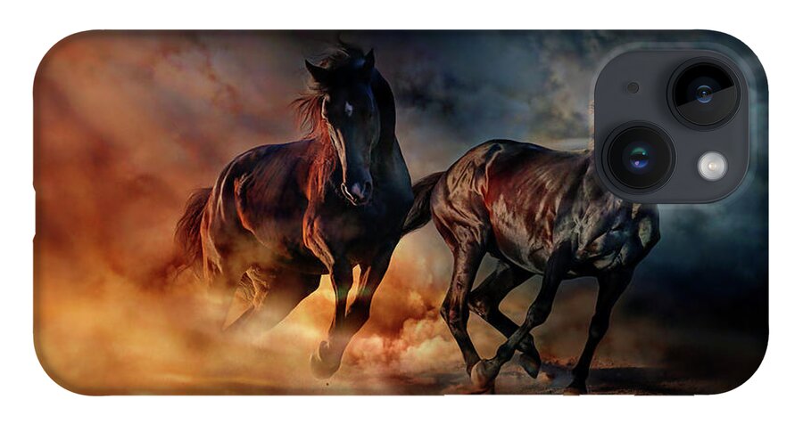 Horses iPhone 14 Case featuring the painting Two horses by Lilia D