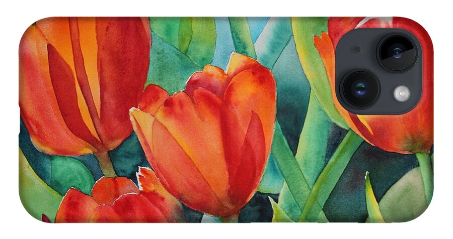 Red Flowers iPhone 14 Case featuring the painting 4 Red Tulips by Ruth Kamenev
