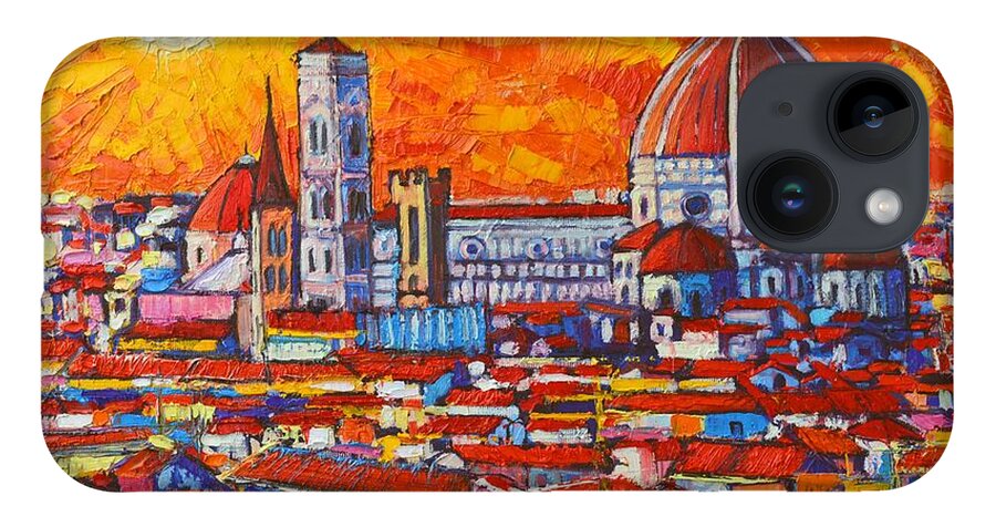 Italy iPhone 14 Case featuring the painting Abstract Sunset Over Duomo In Florence Italy by Ana Maria Edulescu