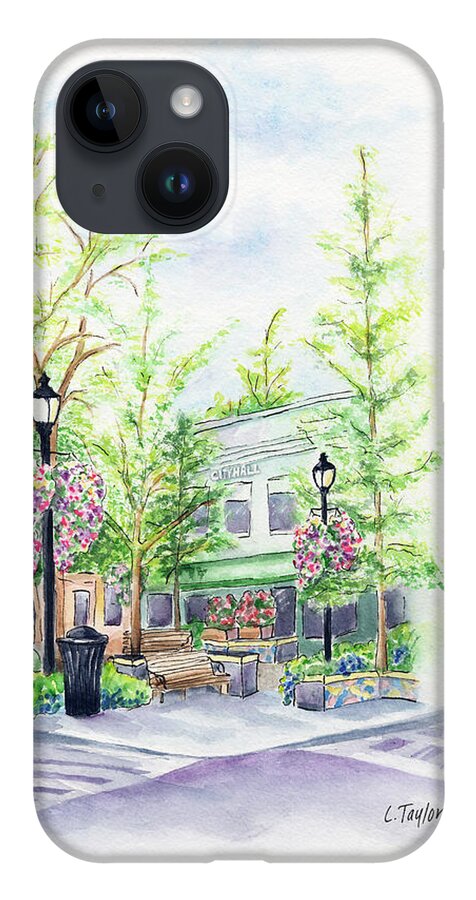 Small Town iPhone 14 Case featuring the painting Across the Plaza by Lori Taylor