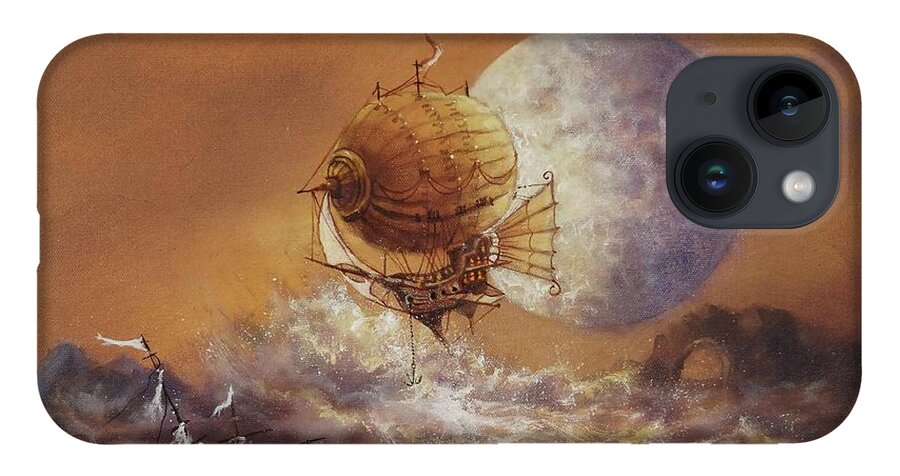 Steampunk Airship iPhone 14 Case featuring the painting Airship Sea Rescue by Tom Shropshire