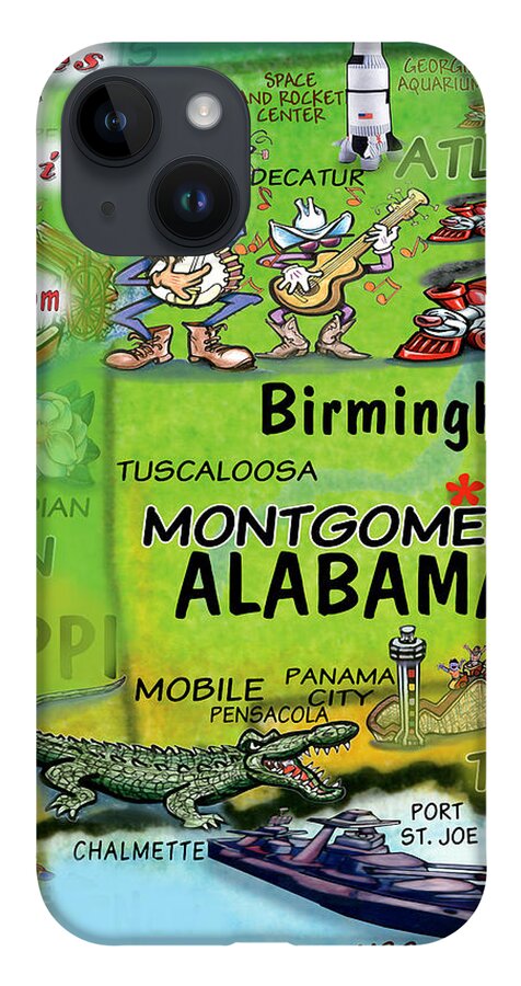 Alabama iPhone 14 Case featuring the digital art Alabama Fun Map by Kevin Middleton