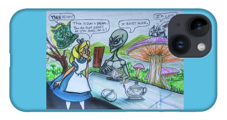 Alien In Wonderland iPhone 14 Case featuring the painting Alien in Wonderland by Similar Alien