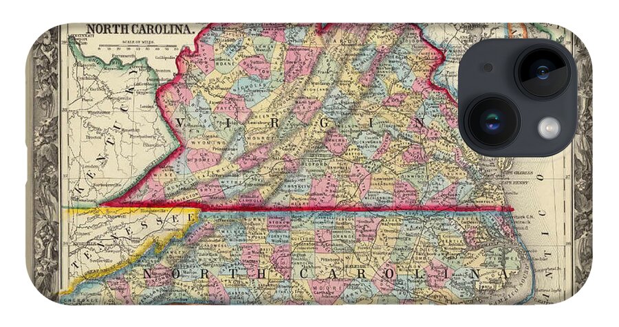 Antique Map Of Virginia iPhone 14 Case featuring the painting Antique Map Of Virginia by MotionAge Designs