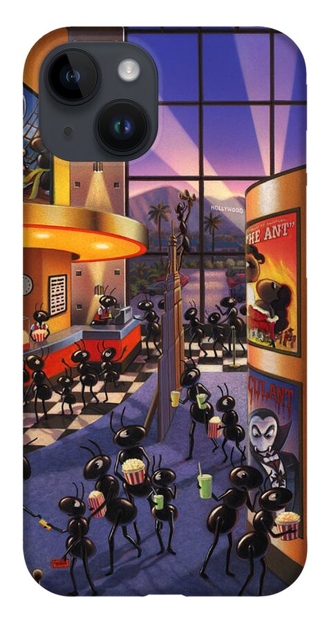 Ants. Ant Farm Characters iPhone 14 Case featuring the painting Ants at the Movie Theatre by Robin Moline