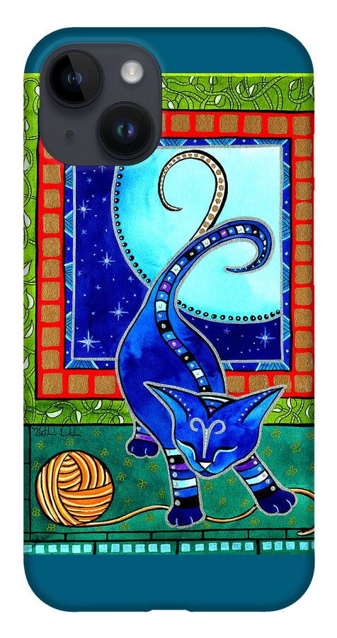 Cat iPhone 14 Case featuring the painting Aries Cat Zodiac by Dora Hathazi Mendes