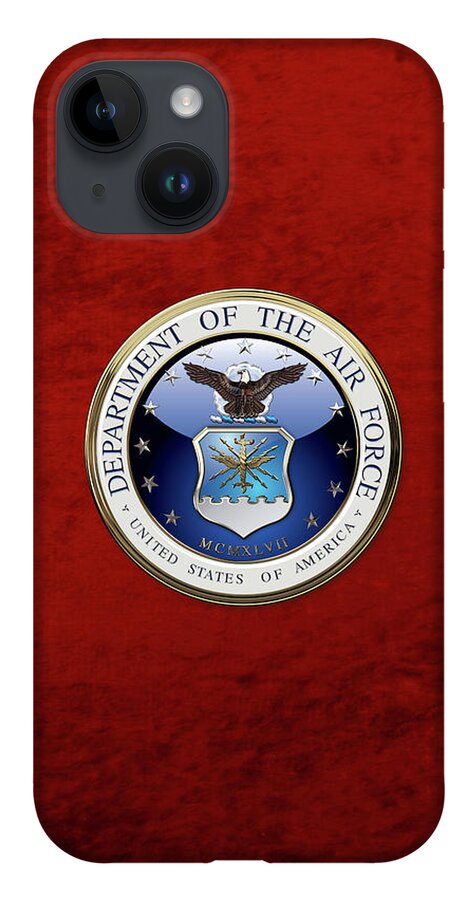 'military Insignia 3d' By Serge Averbukh iPhone 14 Case featuring the digital art U. S. Air Force - U S A F Emblem over Red Velvet by Serge Averbukh