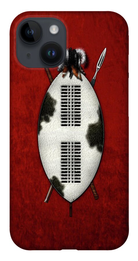 'war Shields' Collection By Serge Averbukh iPhone 14 Case featuring the digital art Zulu War Shield with Spear and Club on Red Velvet by Serge Averbukh