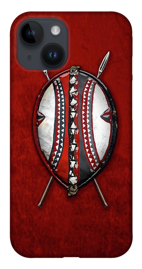 'war Shields' Collection By Serge Averbukh iPhone Case featuring the digital art Maasai War Shield with Spears on Red Velvet by Serge Averbukh