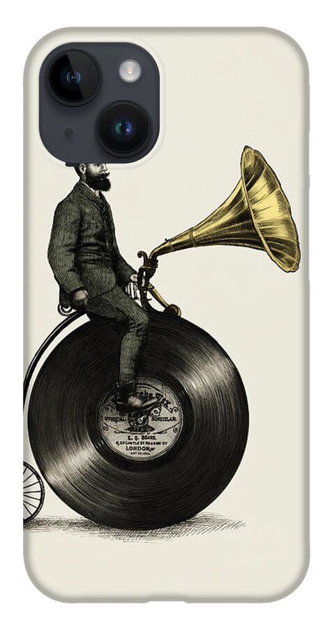 Music Vintage Vinyl Record Victorian Top Hat Gramophone Victrola Nostalgic Cycling Penny Farthing Moustache iPhone 14 Case featuring the drawing Music Man by Eric Fan