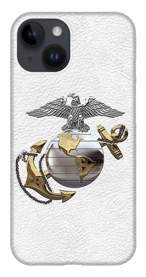 'usmc' Collection By Serge Averbukh iPhone 14 Case featuring the digital art U S M C Eagle Globe and Anchor - C O and Warrant Officer E G A over White Leather by Serge Averbukh