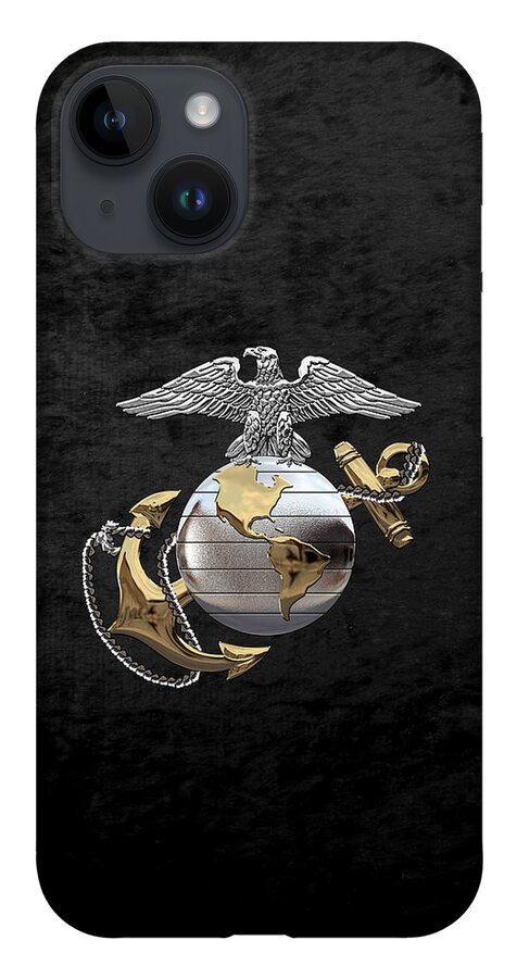 'usmc' Collection By Serge Averbukh iPhone 14 Case featuring the digital art U S M C Eagle Globe and Anchor - C O and Warrant Officer E G A over Black Velvet by Serge Averbukh