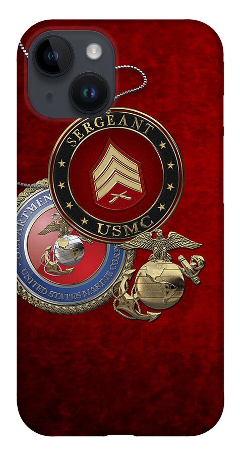 Military Insignia 3d By Serge Averbukh iPhone 14 Case featuring the digital art U. S. Marines Sergeant - U S M C Sgt Rank Insignia over Red Velvet by Serge Averbukh