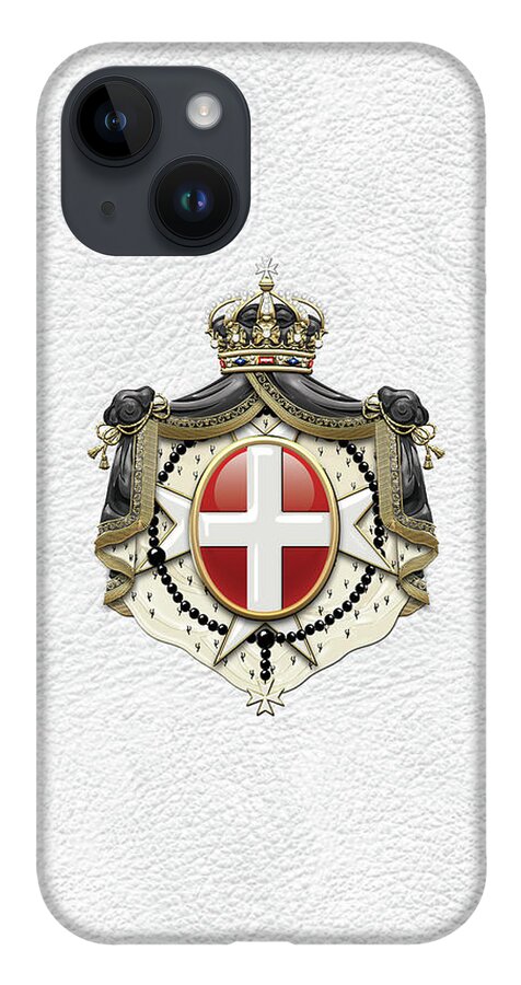 'ancient Brotherhoods' Collection By Serge Averbukh iPhone Case featuring the digital art Sovereign Military Order of Malta Coat of Arms over White Leather by Serge Averbukh