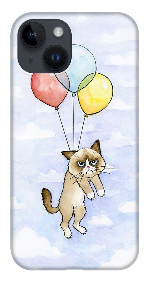 Grumpy iPhone 14 Case featuring the painting Grumpy Cat and Balloons by Olga Shvartsur