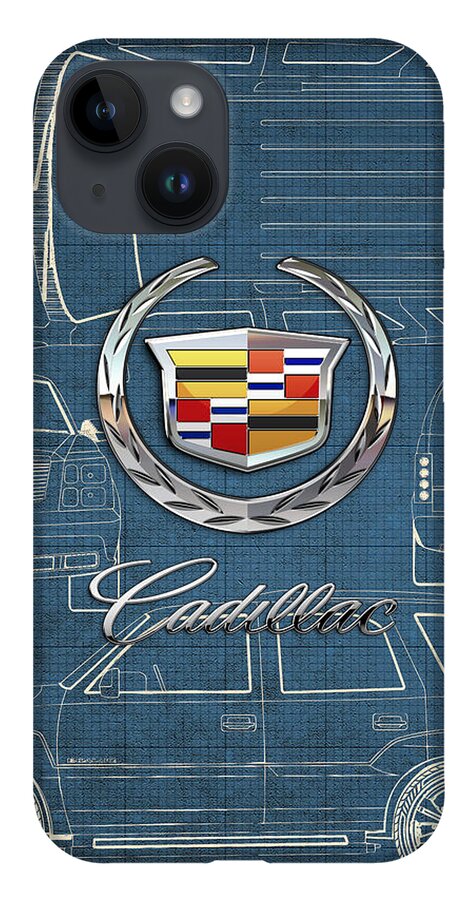 'wheels Of Fortune' By Serge Averbukh iPhone Case featuring the photograph Cadillac 3 D Badge over Cadillac Escalade Blueprint by Serge Averbukh