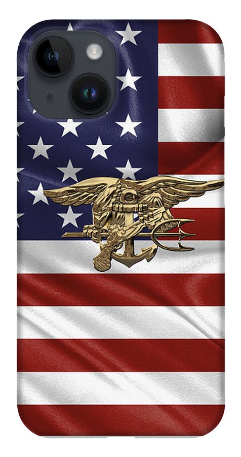 'military Insignia & Heraldry - Nswc' Collection By Serge Averbukh iPhone 14 Case featuring the digital art U.S. Navy SEALs Trident over U.S. Flag by Serge Averbukh