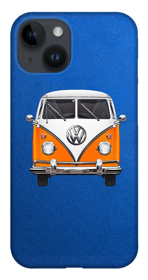 'volkswagen Type 2' Collection By Serge Averbukh iPhone 14 Case featuring the photograph Volkswagen Type - Orange and White Volkswagen T 1 Samba Bus over Blue Canvas by Serge Averbukh