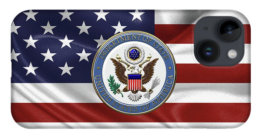 �insignia 3d� By Serge Averbukh iPhone 14 Case featuring the digital art U. S. Department of State - Emblem over American Flag by Serge Averbukh