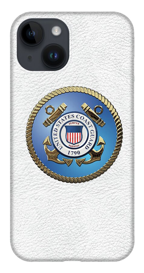 'military Insignia & Heraldry 3d' Collection By Serge Averbukh iPhone Case featuring the digital art U. S. Coast Guard - U S C G Emblem over White Leather by Serge Averbukh