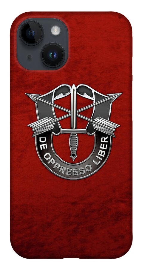 'military Insignia & Heraldry' Collection By Serge Averbukh iPhone 14 Case featuring the digital art U. S. Army Special Forces - Green Berets D U I over Red Velvet by Serge Averbukh
