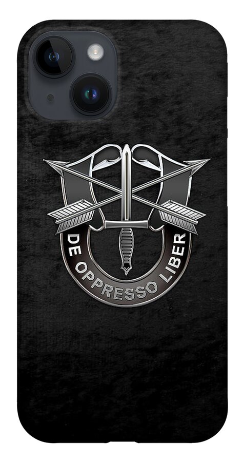 'military Insignia & Heraldry' Collection By Serge Averbukh iPhone 14 Case featuring the digital art U. S. Army Special Forces - Green Berets D U I over Black Velvet by Serge Averbukh