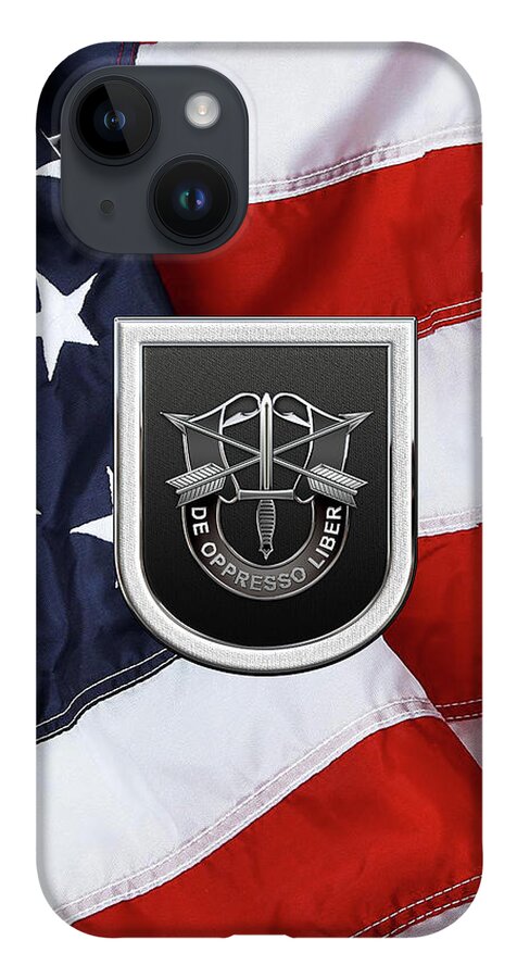 'u.s. Army Special Forces' Collection By Serge Averbukh iPhone 14 Case featuring the digital art U. S. Army 5th Special Forces Group - 5 S F G Beret Flash over American Flag by Serge Averbukh