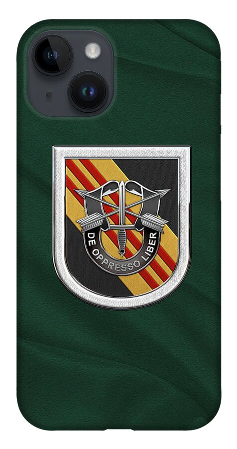 'u.s. Army Special Forces' Collection By Serge Averbukh iPhone 14 Case featuring the digital art U. S. Army 5th Special Forces Group Vietnam - 5 S F G Beret Flash over Green Beret Felt by Serge Averbukh