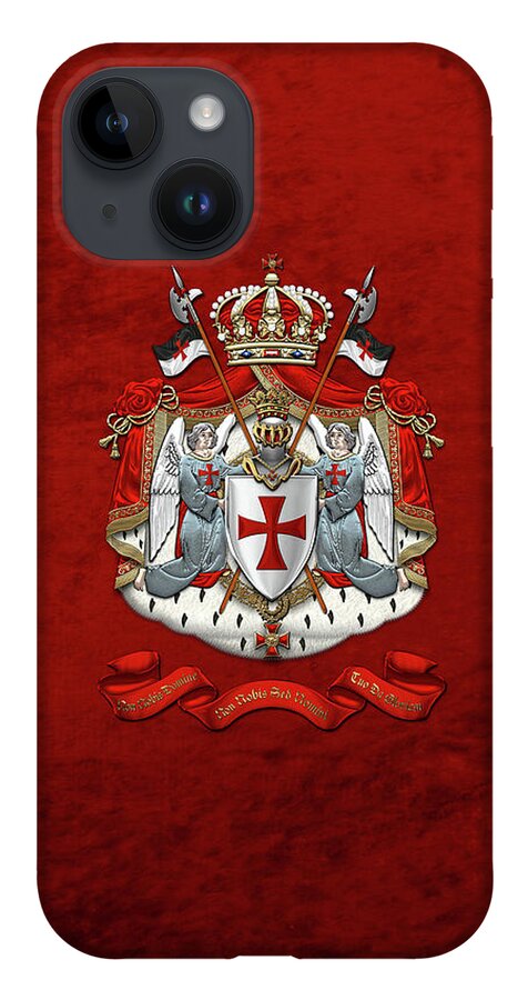 'ancient Brotherhoods' Collection By Serge Averbukh iPhone 14 Case featuring the digital art Knights Templar - Coat of Arms over Red Velvet by Serge Averbukh