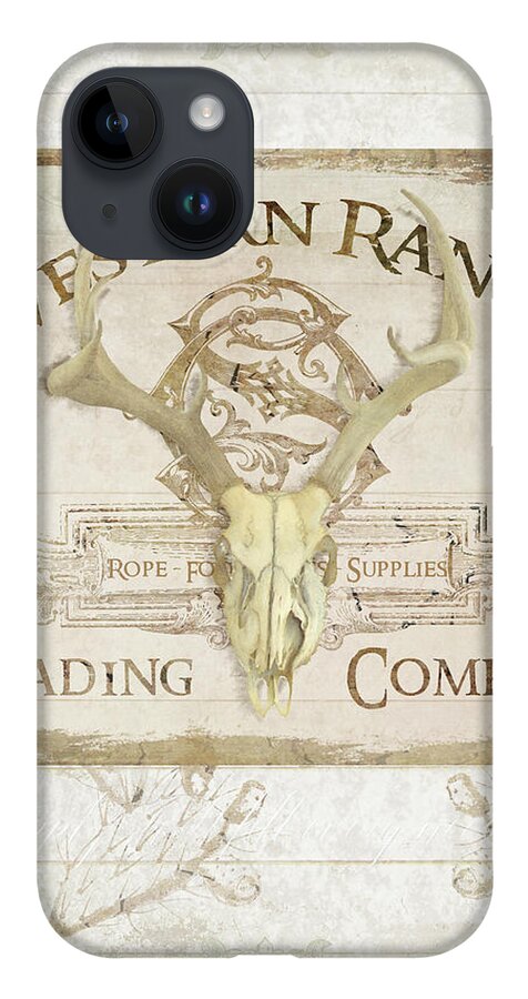 Western iPhone 14 Case featuring the painting Western Range 3 Old West Deer Skull Wooden Sign Trading Company by Audrey Jeanne Roberts