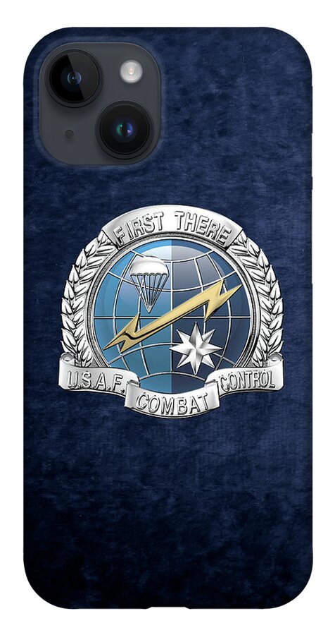 'military Insignia & Heraldry' Collection By Serge Averbukh iPhone 14 Case featuring the digital art U. S. Air Force Combat Control Teams - Combat Controller C C T Badge over Blue Velvet by Serge Averbukh