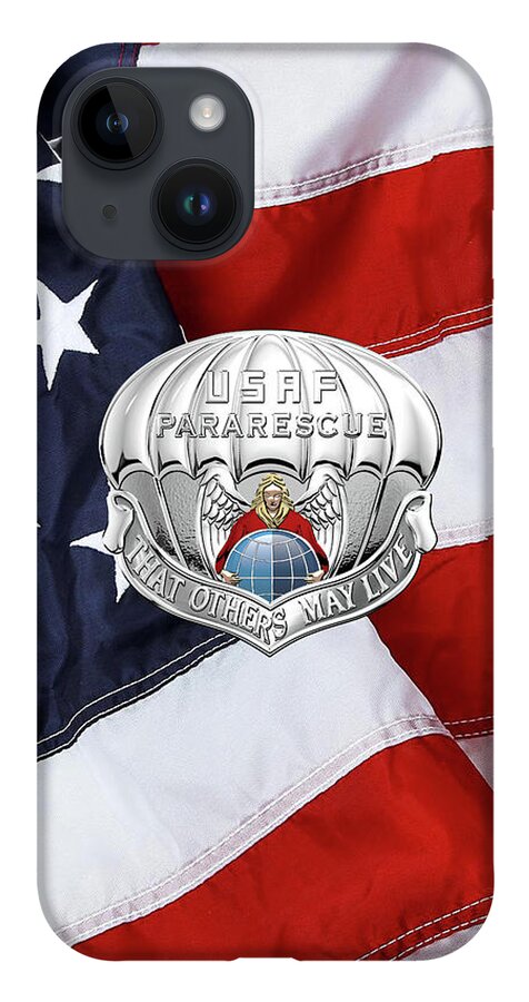 'military Insignia & Heraldry' Collection By Serge Averbukh iPhone 14 Case featuring the digital art U. S. Air Force Pararescuemen - P J Badge over American Flag by Serge Averbukh