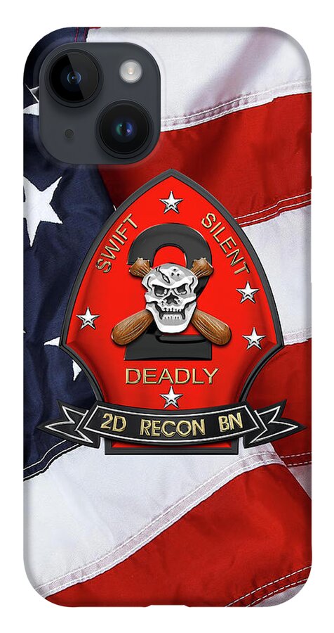 'military Insignia & Heraldry' Collection By Serge Averbukh iPhone Case featuring the digital art U S M C 2nd Reconnaissance Battalion - 2nd Recon Bn Insignia over American Flag by Serge Averbukh