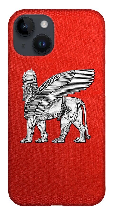 ‘treasures Of Mesopotamia’ Collection By Serge Averbukh iPhone 14 Case featuring the digital art Assyrian Winged Lion - Silver Lamassu over Red Canvas by Serge Averbukh