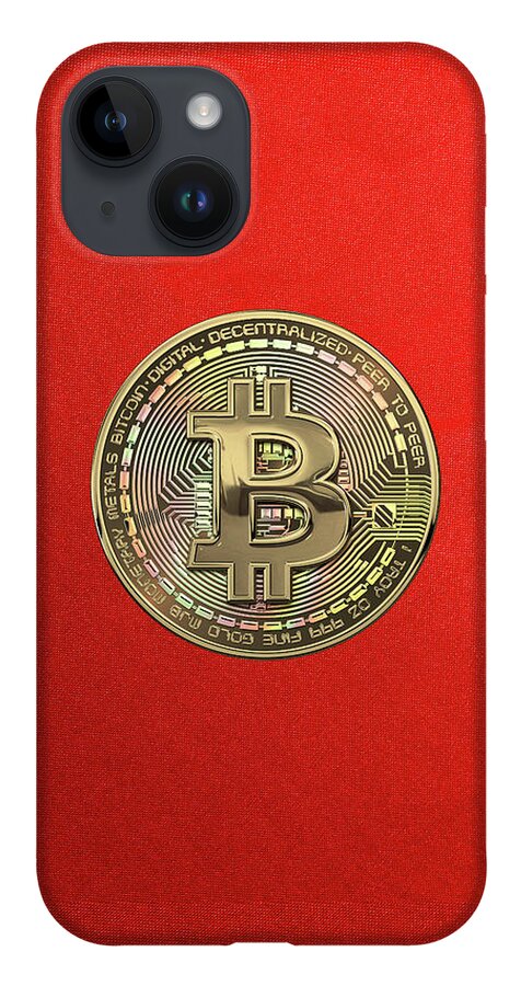 ‘money’ Collection By Serge Averbukh iPhone 14 Case featuring the digital art Gold Bitcoin Effigy over Red Canvas by Serge Averbukh