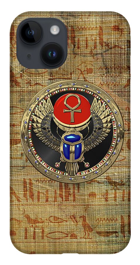 ‘treasures Of Egypt’ Collection By Serge Averbukh iPhone 14 Case featuring the digital art Sacred Egyptian Winged Scarab with Ankh in Gold and Gems over Papyrus Covered with Hieroglyphics by Serge Averbukh