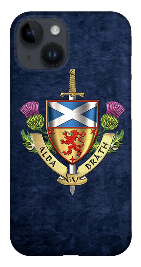 “world Heraldry” Collection Serge Averbukh iPhone 14 Case featuring the digital art Scotland Forever - Alba Gu Brath - Symbols of Scotland over Blue Velvet by Serge Averbukh