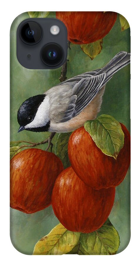#faatoppicks iPhone 14 Case featuring the painting Bird Painting - Apple Harvest Chickadees by Crista Forest