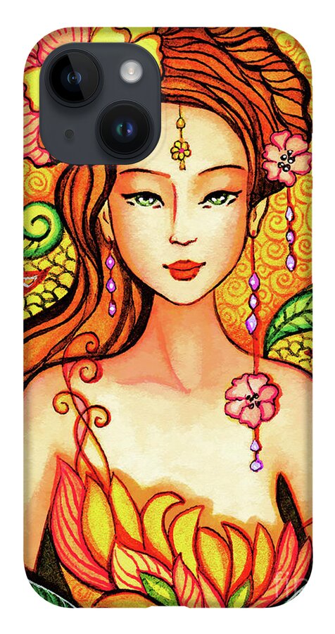 Asian Woman iPhone 14 Case featuring the painting Asian Flower Mermaid by Eva Campbell