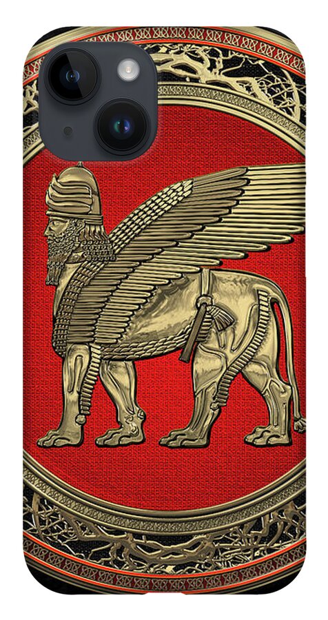 ‘treasures Of Mesopotamia’ Collection By Serge Averbukh iPhone 14 Case featuring the digital art Assyrian Winged Lion - Gold Lamassu over Black Velvet by Serge Averbukh